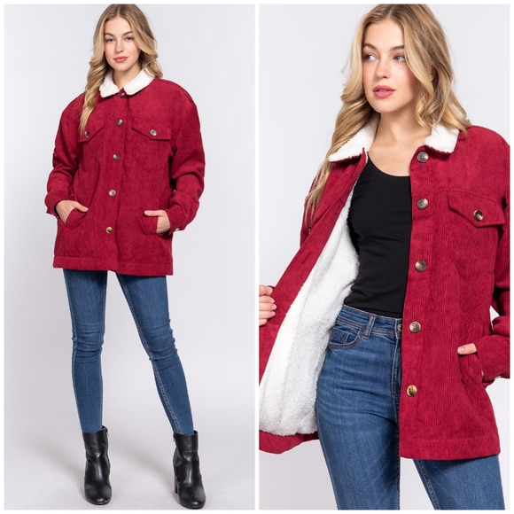 Cozy Burgundy Long Trucker Corduroy Sherpa Lined Jacket - Picture 3 of 4